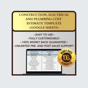 Puede incluir: Un ordenador portátil que muestra una plantilla de estimación de costos de construcción en Google Sheets. La imagen incluye el texto "Construction, Electrical and Plumbing Cost Estimate Template - Google Sheets." Un sello dorado dice "Money Back Guarantee 100%."