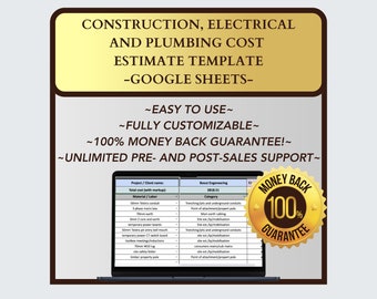 Construction Cost Calculator, Electrical & Plumbing Estimating (Google Sheets)