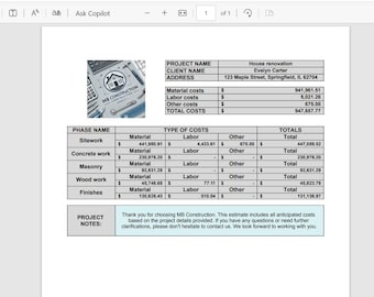 Carpenter Estimate Sheets Carpentry Project Cost Estimate Template