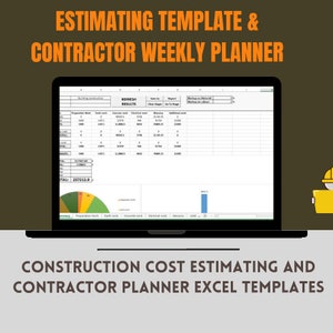 May include: A laptop screen displaying a spreadsheet with a pie chart and a bar graph. The spreadsheet is titled "Estimating Template & Contractor Weekly Planner". The text "REFRESH RESULTS" is visible in the spreadsheet. The laptop is on a grey surface with a yellow construction worker icon in the top right corner. The text "CONSTRUCTION COST ESTIMATING AND CONTRACTOR PLANNER EXCEL TEMPLATES" is below the laptop.