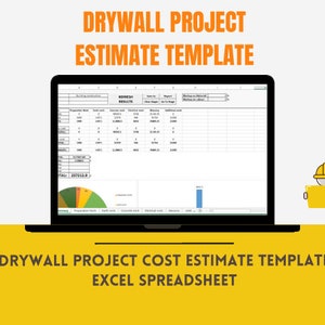 May include: A laptop screen displaying a spreadsheet with a cost estimate template for drywall projects. The spreadsheet includes columns for preparation work, earth work, concrete work, electrical work, masonry, and additional costs. The spreadsheet also includes a pie chart showing the breakdown of costs by category. The spreadsheet is titled "Drywall Project Estimate Template".