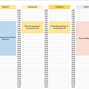 May include: A weekly schedule planner with a yellow, orange, and green color scheme. The planner includes a list of projects, a material list, and a daily schedule from 5:00 AM to 1:00 AM. The schedule includes tasks such as "Pool construction at the First Street 12", "Electrical reparation at Second street 123", "Plumbing reparation at Second street 123", "House building project", and "Rigging materials for house building project".