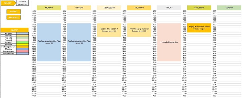 May include: A weekly schedule planner with a yellow, orange, and green color scheme. The planner includes a list of projects, a material list, and a daily schedule from 5:00 AM to 1:00 AM. The schedule includes tasks such as "Pool construction at the First Street 12", "Electrical reparation at Second street 123", "Plumbing reparation at Second street 123", "House building project", and "Rigging materials for house building project".