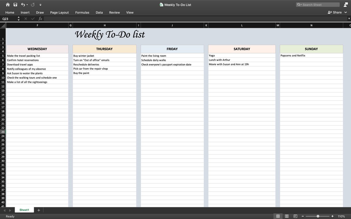 Wöchentliche TO DO Liste EXCEL Vorlage | Digitale Aufgabenliste