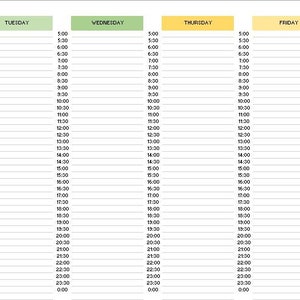 May include: A weekly schedule planner with a yellow, green, and orange color scheme. The planner is divided into seven columns, one for each day of the week. Each column is further divided into 24 rows, representing the hours of the day. The planner includes labels for various tasks, such as "Work", "Meetings", "Self Development", "Accounting", "Product", "Customer", "Freelance", "Sales & Marketing", and "Staff Training".