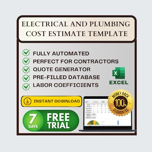 Könnte beinhalten: Eine grüne und gelbe Grafik mit dem Text "ELECTRICAL AND PLUMBING COST ESTIMATE TEMPLATE" in einem braunen Kasten. Die Grafik listet die Funktionen der Vorlage auf, darunter "FULLY AUTOMATED", "PERFECT FOR CONTRACTORS", "QUOTE GENERATOR", "PRE-FILLED DATABASE" und "LABOR COEFFICIENTS". Die Grafik enthält auch einen grünen Button mit dem Text "INSTANT DOWNLOAD" und einen grün-gelben Button mit dem Text "7 DAYS FREE TRIAL". Die Grafik enthält außerdem einen Laptop mit einer geöffneten Tabellenkalkulation auf dem Bildschirm. Der Laptop befindet sich neben einem goldenen Kreis mit dem Text "MONEY BACK 100% GUARANTEE".