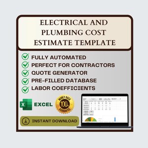 May include: A green and white checkmark icon with the text "FULLY AUTOMATED" in black. A green and white checkmark icon with the text "PERFECT FOR CONTRACTORS" in black. A green and white checkmark icon with the text "QUOTE GENERATOR" in black. A green and white checkmark icon with the text "PRE-FILLED DATABASE" in black. A green and white checkmark icon with the text "LABOR COEFFICIENTS" in black. A green and white Excel icon with the text "EXCEL" in black. A gold circle with the text "MONEY BACK 100% GUARANTEE" in black. A laptop computer with a spreadsheet visible on the screen. The text "INSTANT DOWNLOAD" in black with a download icon.