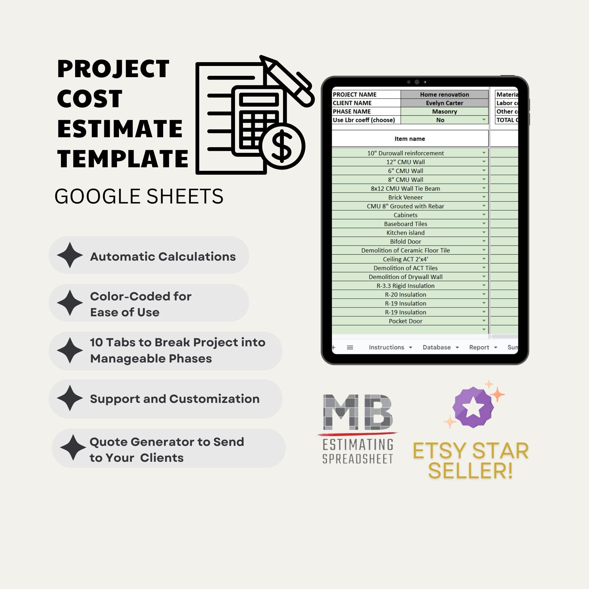 Project Cost Estimate Template - Google Sheets - Etsy