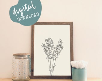 May include: A black and white line drawing of a bouquet of lavender flowers in a simple, modern style. The drawing is framed and displayed on a wooden shelf with a glass jar and a small blue ceramic container.