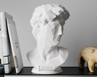 David Low Poly-buste van Michelangelo | 3D-geprint geometrisch standbeeld | Decor en cadeau voor moderne renaissancekunst