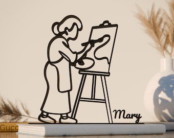 Female Painter, Customized Line Art Figure, 3D Printed Gift, Unique Painter Gift Idea, Custom Line Art Sculpture, Minimalist Home Decor