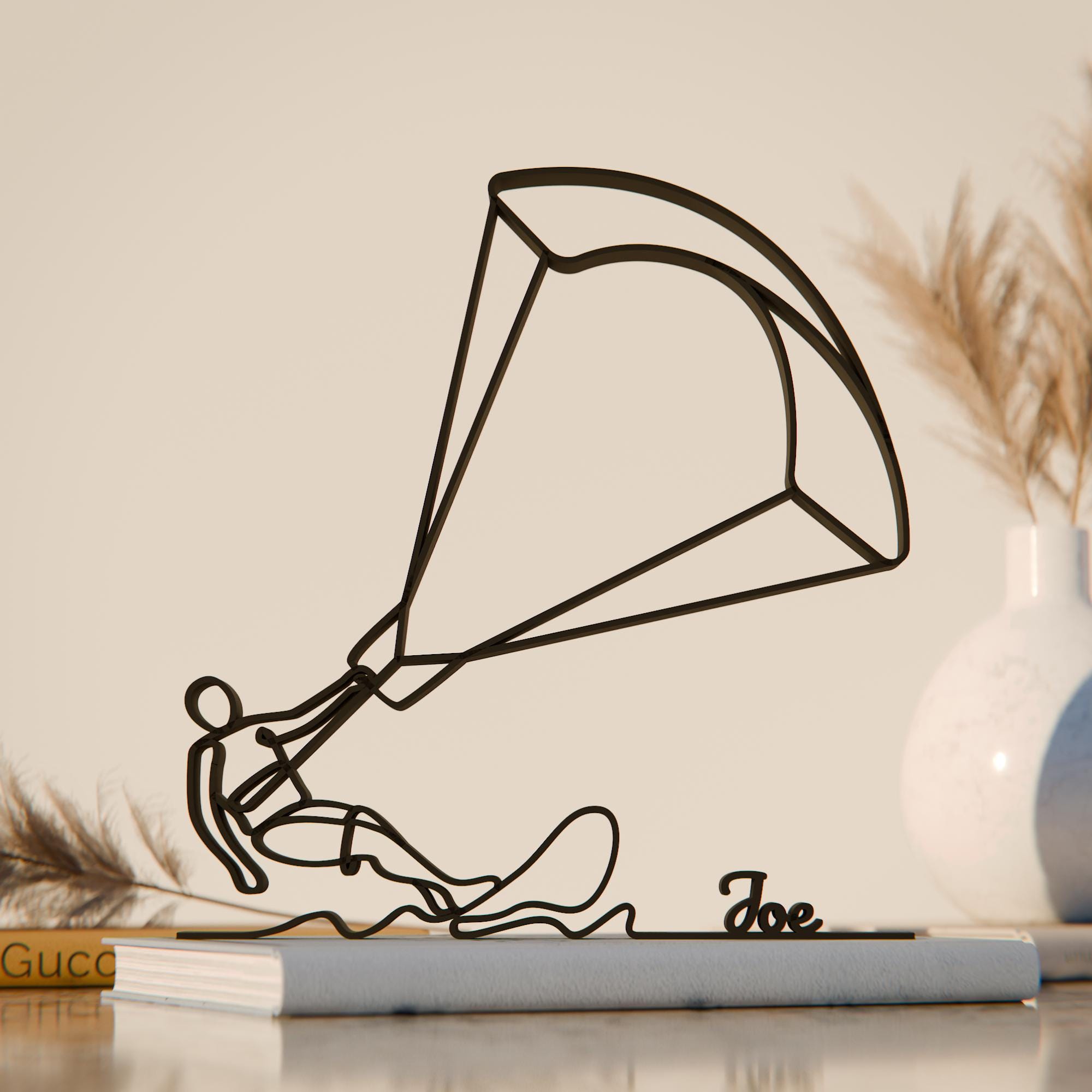 Gepersonaliseerde kitesurfer, lijntekeningen figuur, 3D-geprint cadeau, uniek watersport cadeau-idee, aangepaste lijnkunst sculptuur, minimalistisch interieur