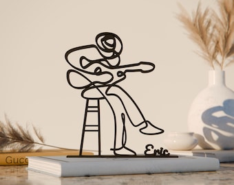 Akoestische gitarist, aangepast lijntekeningenfiguur, 3D-geprint cadeau, uniek cadeau-idee voor gitarist, aangepaste lijnkunst sculptuur, minimalistisch interieur