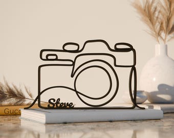 Camera, aangepast lijntekeningenfiguur, 3D-geprint cadeau, uniek cadeau-idee fotograaf, aangepaste lijnkunst sculptuur, minimalistisch huisdecor