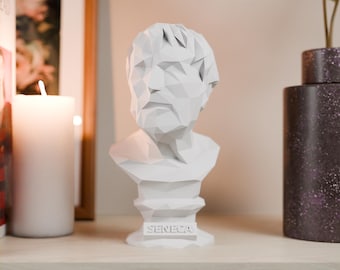 Busto de Séneca con polígonos reducidos, escultura de filósofo estoico griego, escultura estoica, regalo impreso en 3D, decoración del hogar, decoración de oficina