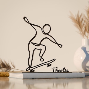 Skater, Figura de Arte de Linha Personalizada, Presente Impresso em 3D, Ideia Única de Presente de Skate, Escultura de Arte de Linha Personalizada, Decoração Minimalista para Casa