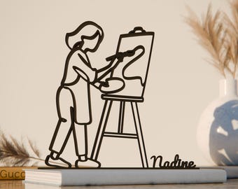 Personalized Young Female Painter Figure - Minimalist Line Art Sculpture
