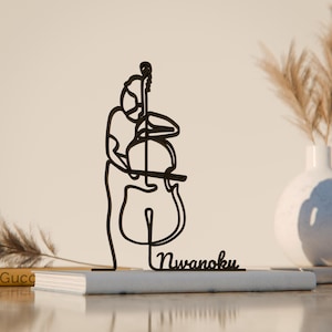 Vrouw contrabassist, aangepaste lijntekeningen figuur, 3D-geprint cadeau, uniek muzikantencadeau, aangepaste lijnkunst sculptuur, minimalistisch interieur