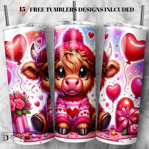 Envoltura para vaso de vaca de las Tierras Altas de San Valentín: Diseño de sublimación para vaso delgado de 20 oz (descarga digital PNG)