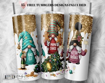 Christmas Gnome Tumbler Wrap PNG: Holiday Glitter Sublimation Design (Digital Download)