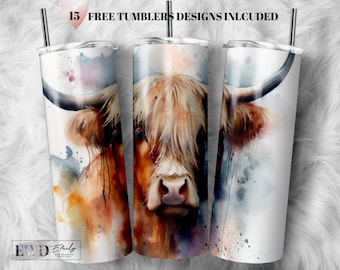 Highland Cow Tumbler Wrap PNG, 20 oz Skinny Tumbler Sublimation Design, Instant Digital Download