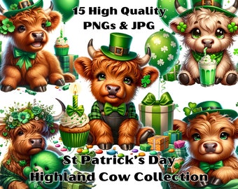 Watercolor Highland Cow St Patricks Day Clipart (15 PNG) Commercial Use