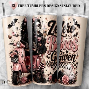 Diseño PNG de vaso térmico con esqueleto "Zero Boos Given", diseño de fantasma gótico coqueto para Halloween (descarga digital)