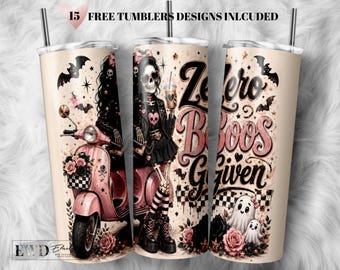 Zero Boos Given Skeleton Tumbler Wrap PNG, Coquette Goth Halloween Ghost Design (Digital Download)