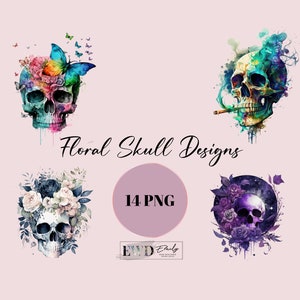 May include: Four digital illustrations of skulls with floral designs. The skulls are painted in watercolor style with vibrant colors and intricate details. The floral designs are unique and include butterflies, roses, and other flowers. The text "Floral Skull Designs" and "14 PNG" are visible in the image.