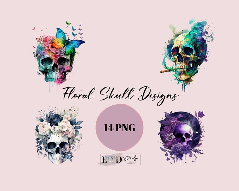 May include: Four digital illustrations of skulls with floral designs. The skulls are painted in watercolor style with vibrant colors and intricate details. The floral designs are unique and include butterflies, roses, and other flowers. The text "Floral Skull Designs" and "14 PNG" are visible in the image.
