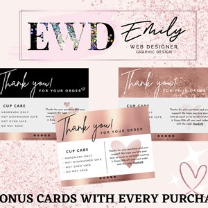 May include: Three pink and gold thank you cards with the text "Thank you! For your order" and a heart. The cards also include the text "Cup Care" and instructions for handwashing the cup. The text "3 Bonus Cards with Every Purchase" is at the bottom of the image.