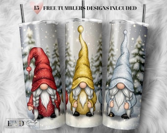 Christmas Gnome Tumbler Wrap: Red, Gold, Silver Glitter (PNG Digital File)