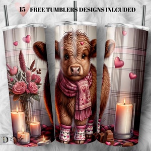 Envoltura para vaso de vaca de las Tierras Altas de San Valentín: Diseño de sublimación para vaso delgado de 20 oz (descarga digital PNG)