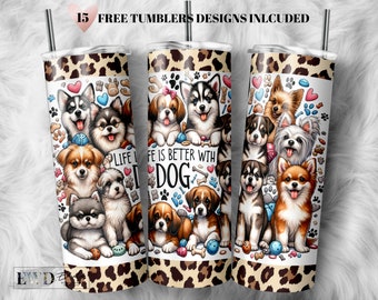 Può includere: Un bicchiere bianco con un design a stampa leopardata nella parte superiore e inferiore. Il bicchiere presenta un design con diverse razze di cani con il testo "Life is better with a dog" al centro.