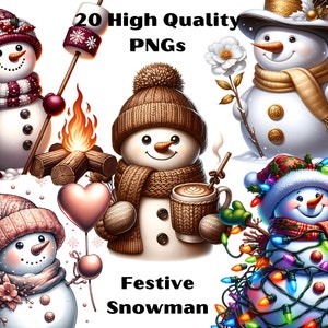Aquarel feestelijke sneeuwpop clipart, 20 hoogwaardige PNG-bestanden, schattige sneeuwpop, kerstillustratie, afdrukbare afbeeldingen