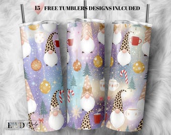 Pastel Christmas Gnome Tumbler Wrap: Glitter Leopard Print (PNG)