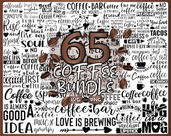 Può includere: Uno sfondo bianco con testo nero e grafica di chicchi di caffè. Il testo include frasi come "Il caffè è il mio migliore amico", "Il caffè è difficile", "L'amore sta fermentando" e "Bar del caffè". Il numero 65 è in testo marrone e le parole "Pacchetto di caffè" sono in testo nero. Il testo "SVG, EPS, PNG" è incluso.