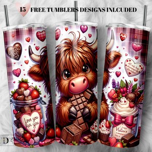 Envoltorio para vaso de San Valentín con diseño de vaca bebé de las Tierras Altas: Diseño de vaso delgado de 20 oz (descarga digital PNG)
