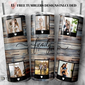 Family quote Photo Tumbler Template, Png Sublimation Photo Collage 20oz Skinny Tumbler Tapered, Digital, Rustic wood