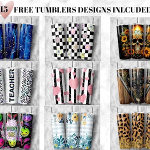 Puede incluir: 15 dise&ntilde;os de vasos gratis incluidos. Un collage de 15 dise&ntilde;os de vasos diferentes con varios patrones y colores. Los dise&ntilde;os incluyen un patr&oacute;n de cuadros blanco y negro, un patr&oacute;n de coraz&oacute;n rosa y negro, un estampado de leopardo, un patr&oacute;n floral, un patr&oacute;n de calavera y girasol, un dise&ntilde;o de maestro, un dise&ntilde;o espeluznante y m&aacute;s.