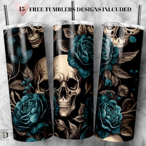 Blue Skulls and Roses Tumbler Design: 20oz Sublimation PNG (Digital Download)