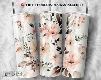 Floral Tumbler Wrap Blush Flowers Sublimation Seamless Designs - Diseño de vaso flaco de 20 oz - PNG 2023
