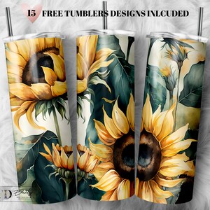 Watercolor Sunflowers 20 oz Skinny Tumbler Sublimation Tumbler Design Digital Download PNG