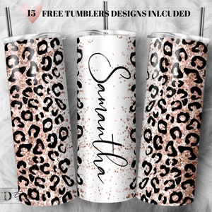 Rose Gold Glitter Leopard Print Add Your Own Text Name Sublimation Tumbler Designs Cheetah Print - 20oz Skinny Tumbler Wraps Templates - PNG