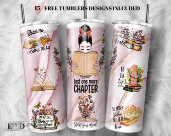 Peut inclure: Trois gobelets roses et blancs avec des pailles en acier inoxydable. Chaque gobelet présente des motifs sur le thème des livres avec des citations telles que "Readers Gonna Read" et "Just One More Chapter". Les gobelets sont décorés d'illustrations florales et de papillons.