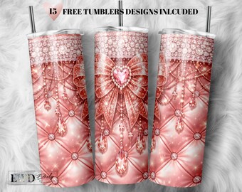 Pink Glitter Heart Bow Tumbler Wrap (Digital Download) – Diamond Quilt Glam Design