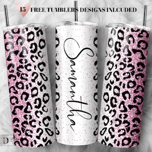 Pink Glitter Leopard Print Add Your Own Text Name Sublimation Tumbler Designs Cheetah Print - 20oz Skinny Tumbler Wraps Templates - PNG