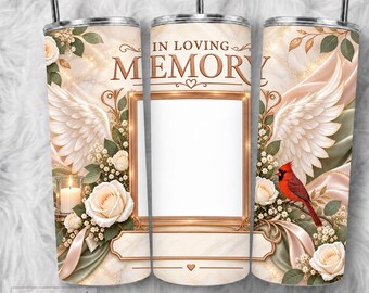 In Loving Memory Tumbler Wrap, Angel Wings, Cardinal Remembrance Design (PNG File)
