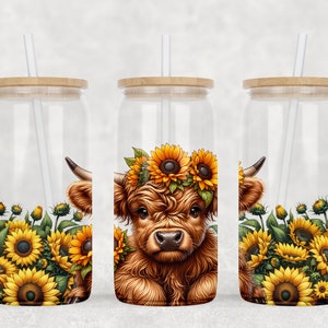 Highland Cow Libbey Glass Wrap, Floral 16 Oz Glass Can Wrap PNG, Flowers Glass Tumbler Wrap, Glass Can Sublimation Wrap Design Download