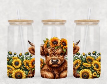 Floral Highland Cow 16 Oz Glass Can Wrap PNG (Digital Download)